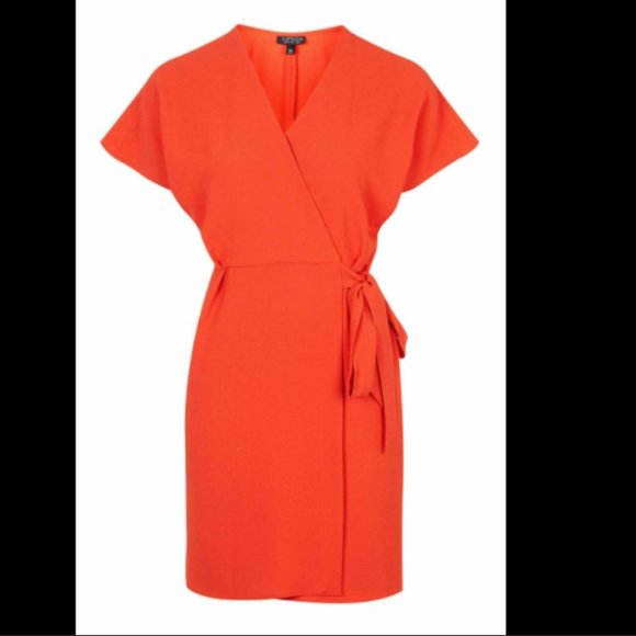 Topshop Bright Coral Crepe Tie Wrap Dress Petite 0 - Picture 1 of 5